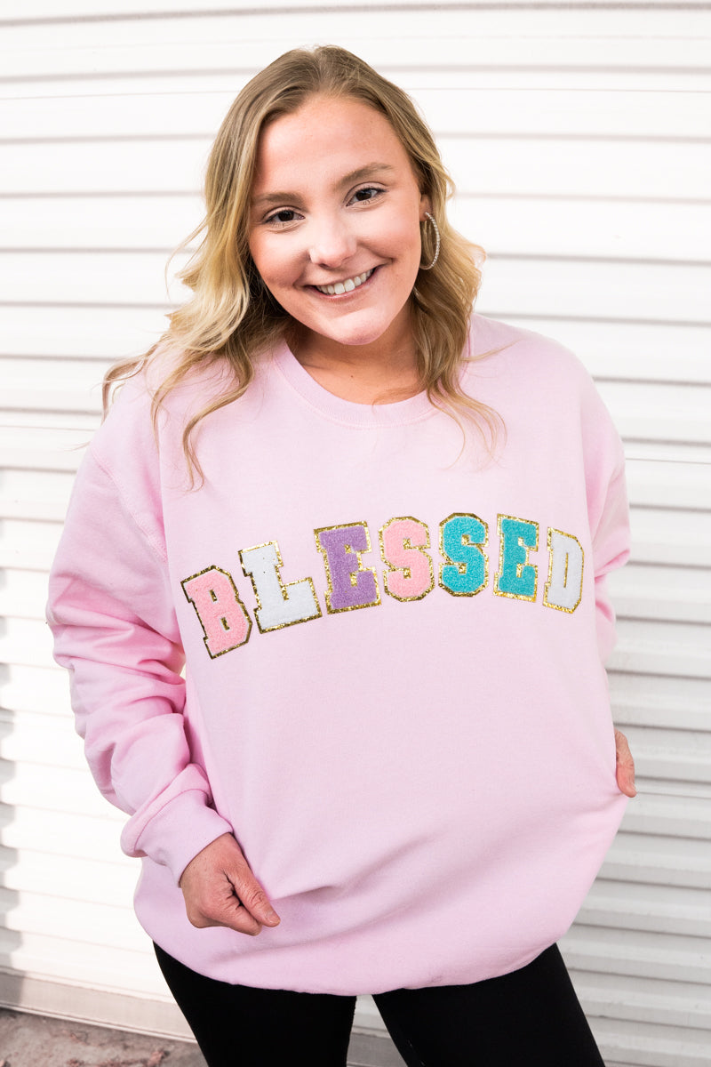 Colorful Blessed Chenille Patch Heavy-weight Crew Sweatshirt