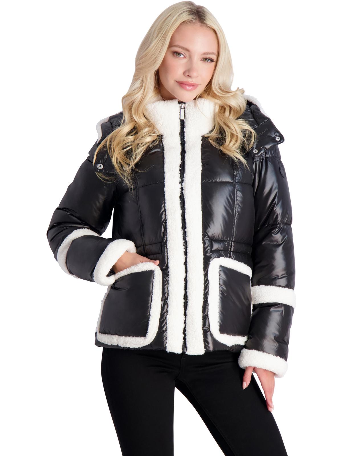 Womens Sherpa Trimmed Quilted Puffer Jacket