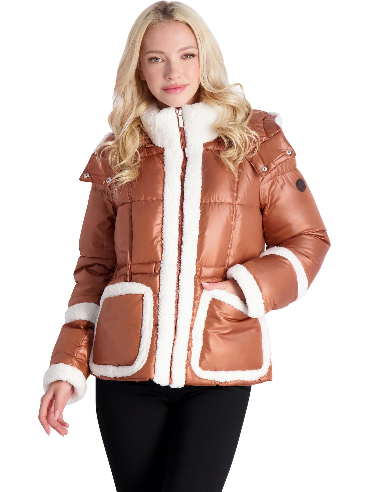 Womens Sherpa Trimmed Quilted Puffer Jacket