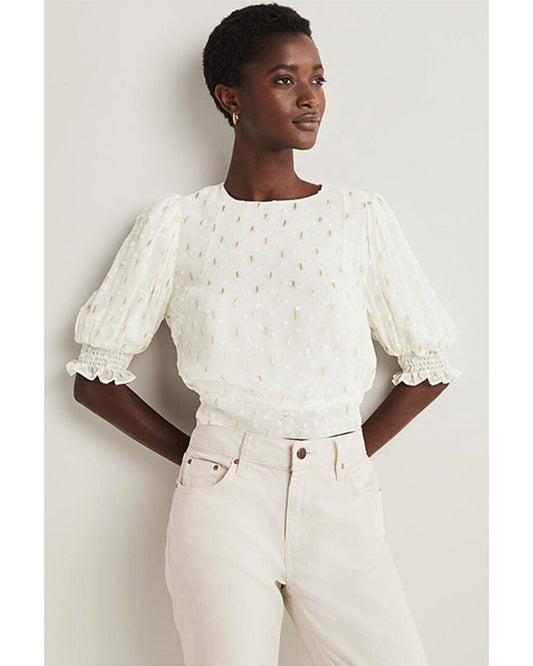 Boden Cropped Metallic Smocked Top