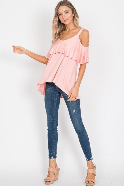 HIGH LOW RUFFLED COLD SHOULDER TOP - INDIGO BLUE