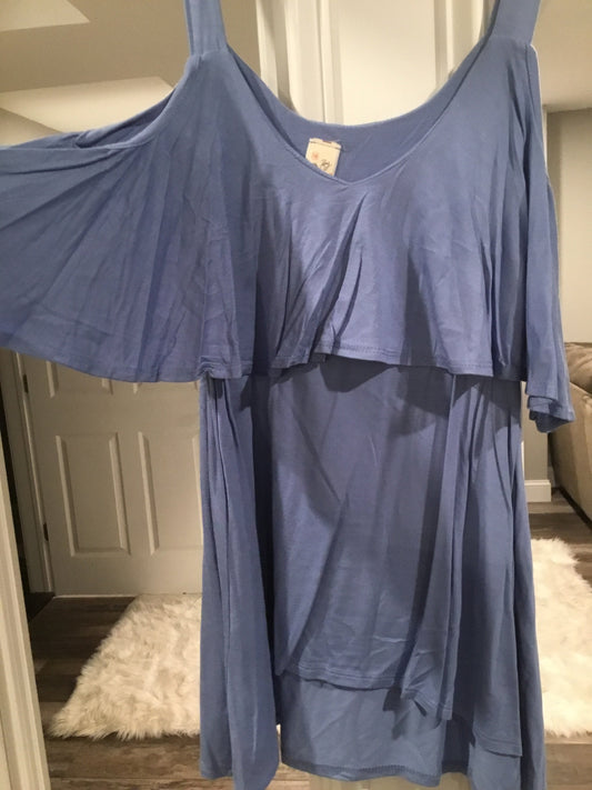 HIGH LOW RUFFLED COLD SHOULDER TOP - INDIGO BLUE