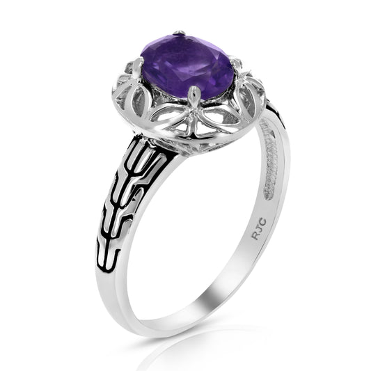 1.20 cttw Purple Amethyst Ring .925 Sterling Silver with Rhodium Oval 8x6 MM