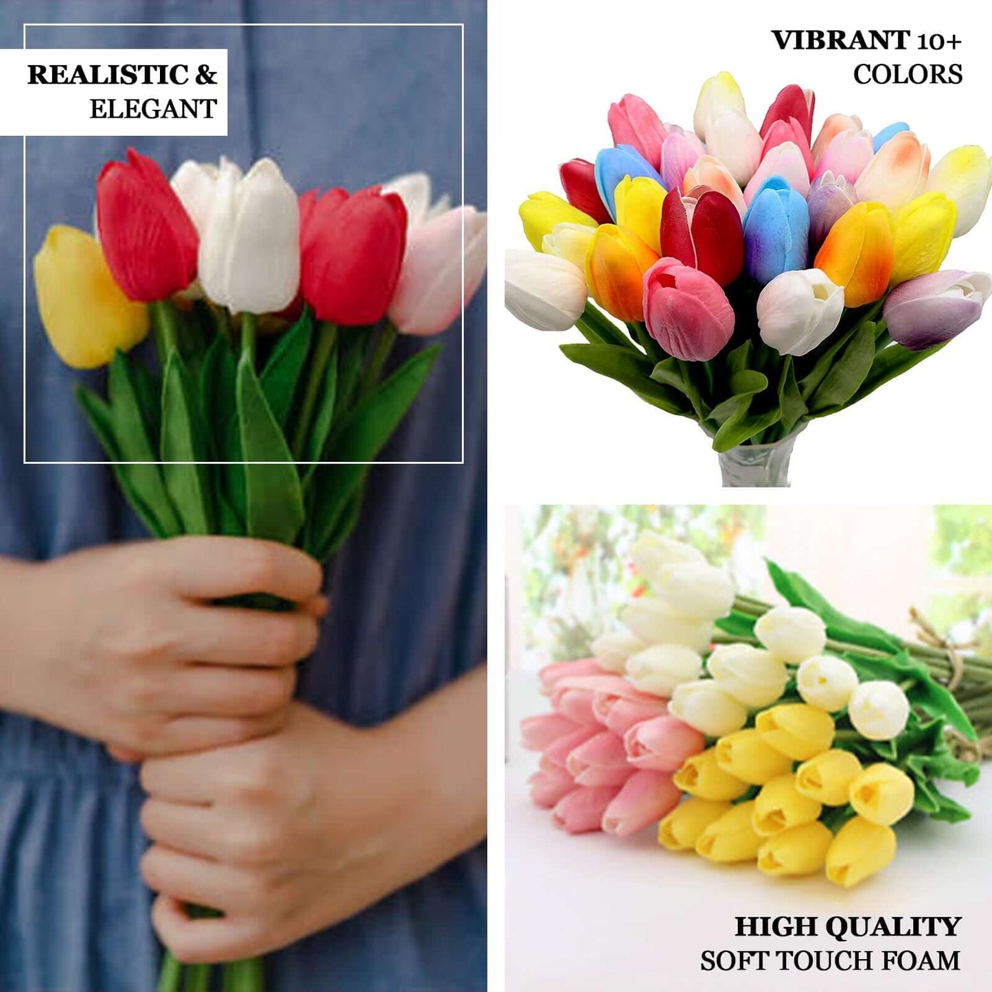 10 Stems White Real Touch Artificial Foam Tulip Flower Bouquets 13"