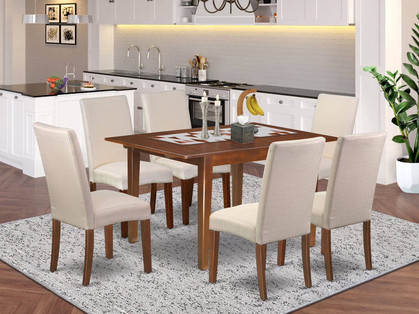 East West Furniture MLDR7-MAH-01 7 Piece Modern Dining Table Set Consist of a Rectangle Wooden Table with Butterfly Leaf and 6 Cream Linen Fabric Upholstered Chairs, 36x54 Inch, Mahogany