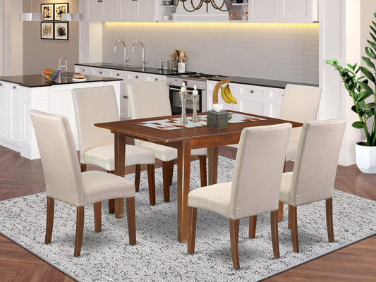 East West Furniture MLDR7-MAH-01 7 Piece Modern Dining Table Set Consist of a Rectangle Wooden Table with Butterfly Leaf and 6 Cream Linen Fabric Upholstered Chairs, 36x54 Inch, Mahogany