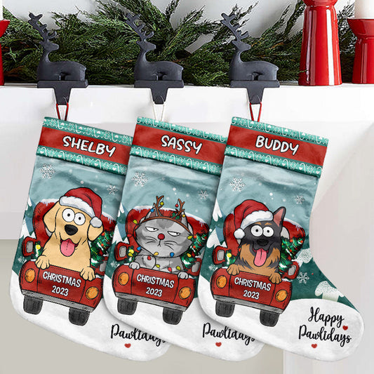 Happy Pawlidays - Cat & Dog Personalized Custom Christmas Stocking - Christmas Gift For Pet Owners, Pet Lovers