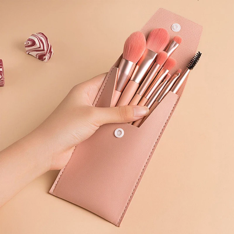 8 Piece Mini Makeup Brushes - Dark Pink