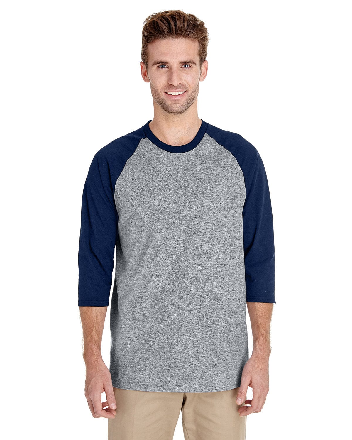 Gildan Heavy Cotton 3/4-Raglan Sleeve T-Shirt | Sport Grey/ Navy