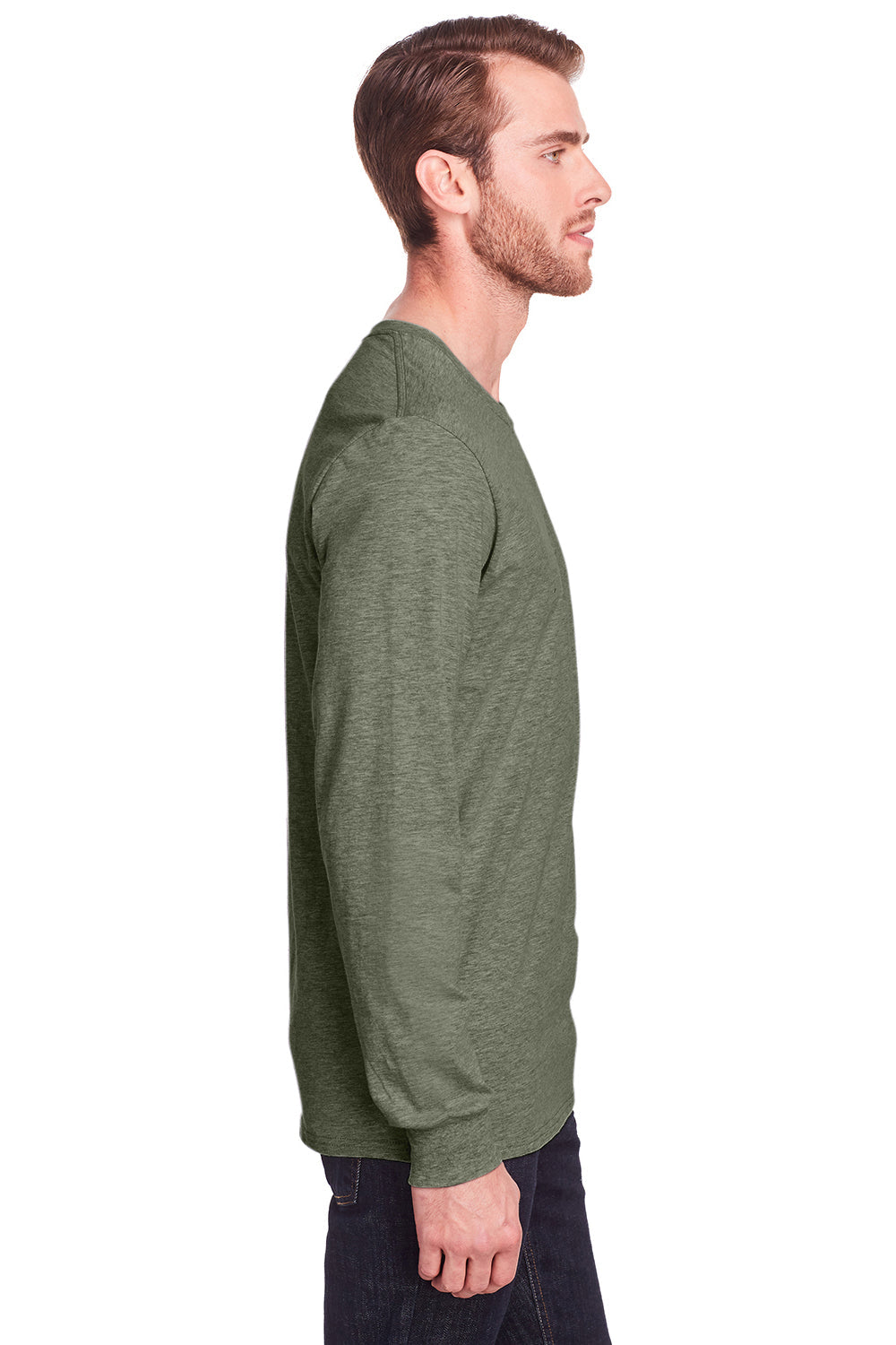 Fruit Of The Loom Mens Iconic Long Sleeve Crewneck T-Shirt - Heather Military Green